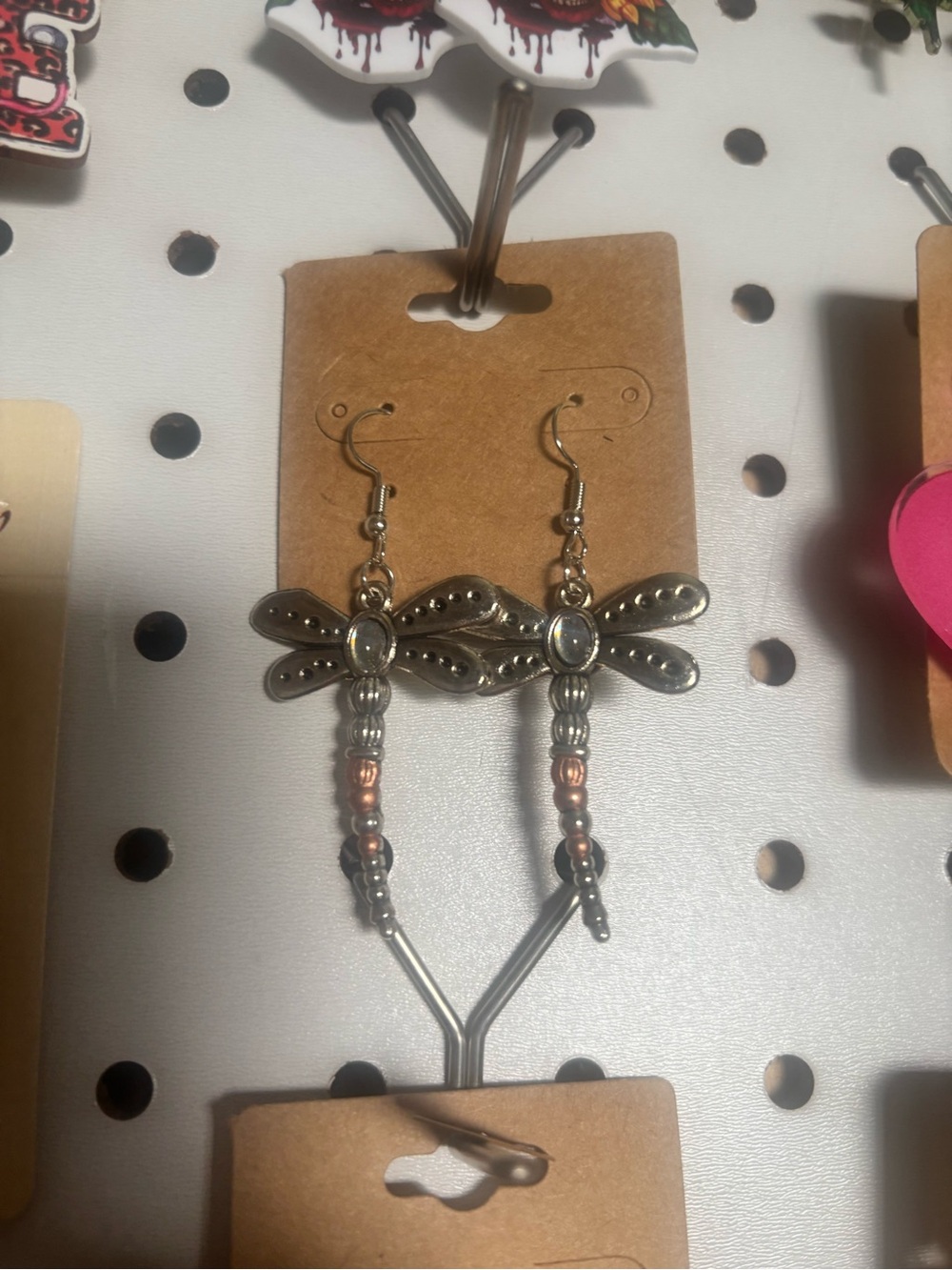 Metallic Dragonfly Drop Earrings - Silver and Copper Tones